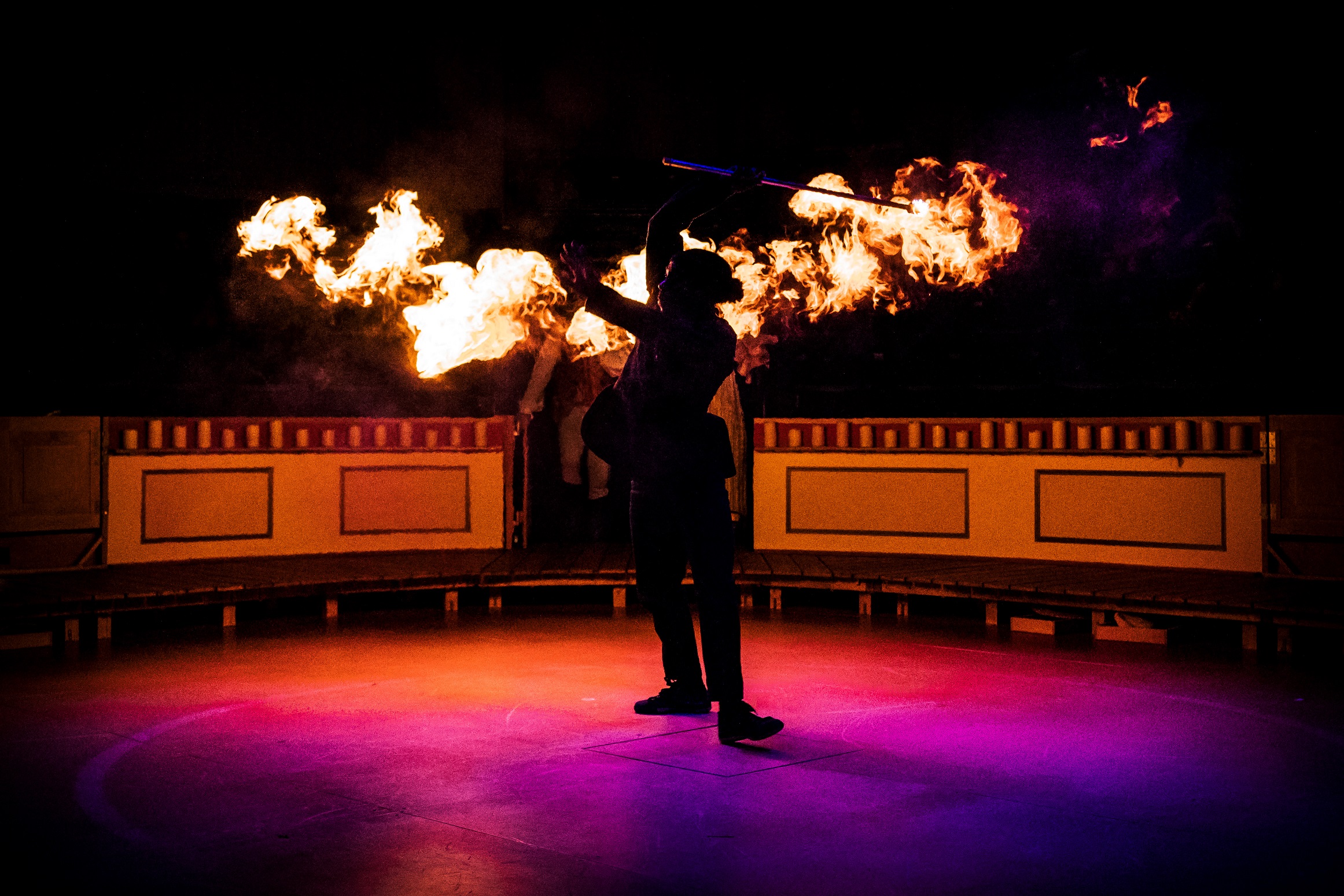 A fire performer in Astley's Astounding Adventures at the New Vic Theatre, 2018. Photo by Andrew Billington