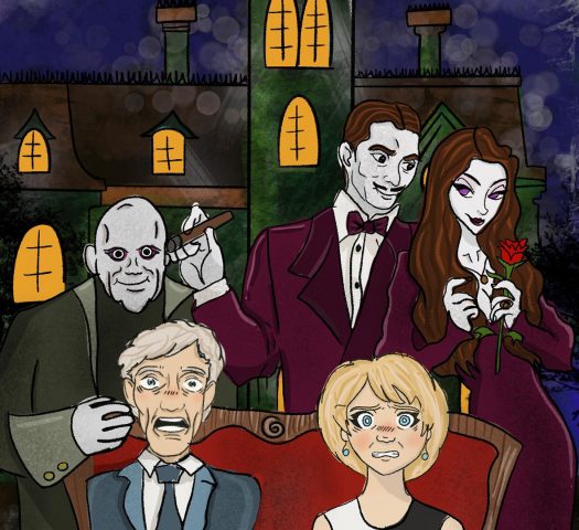 An illustration of regular New Vic characters Eric and Bev sat in front of a group of spooky characters outside a haunted mansion.
