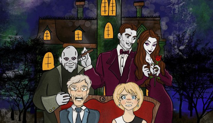 An illustration of regular New Vic characters Eric and Bev sat in front of a group of spooky characters outside a haunted mansion.