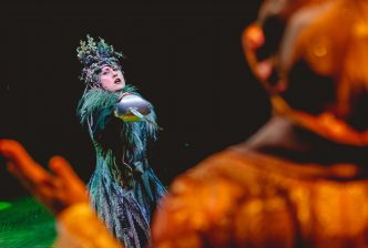 The evil Mouse Queen points a sword threateningly. Production picture from The Nutcracker at the New Vic. Credit Andrew Billington.