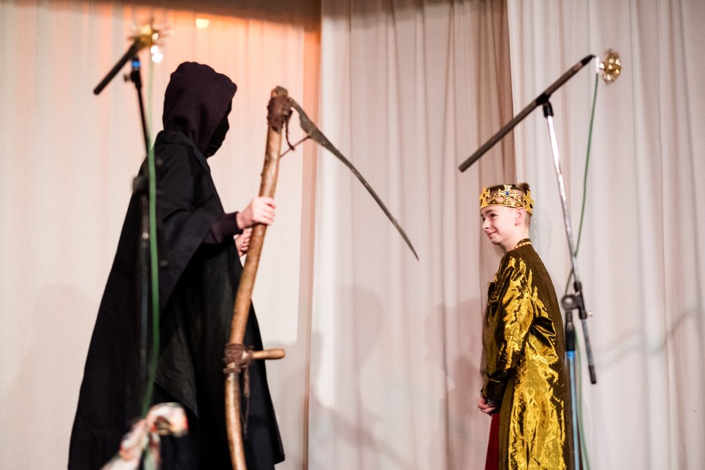 The grim reaper makes an appearance in the nativity. Picture from the Vertep at Newcastle Congregational Church, performed by Ukrainian families. Credit: Jenny Harper. 