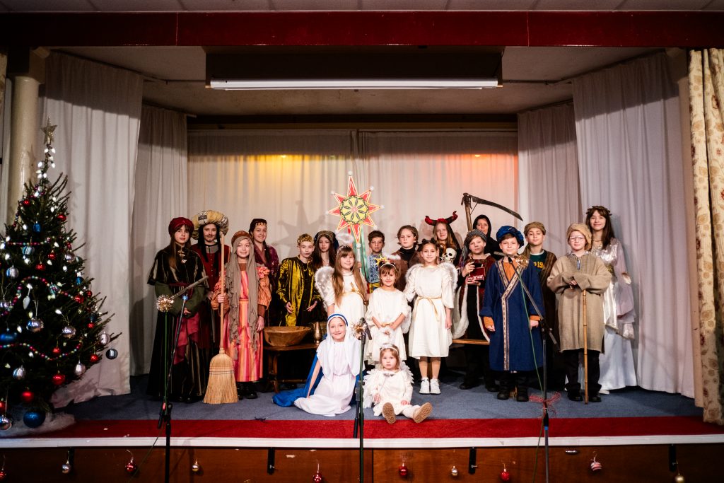 Wide shot of the whole nativity scene. Picture from the Vertep at Newcastle Congregational Church, performed by Ukrainian families. Credit: Jenny Harper. 