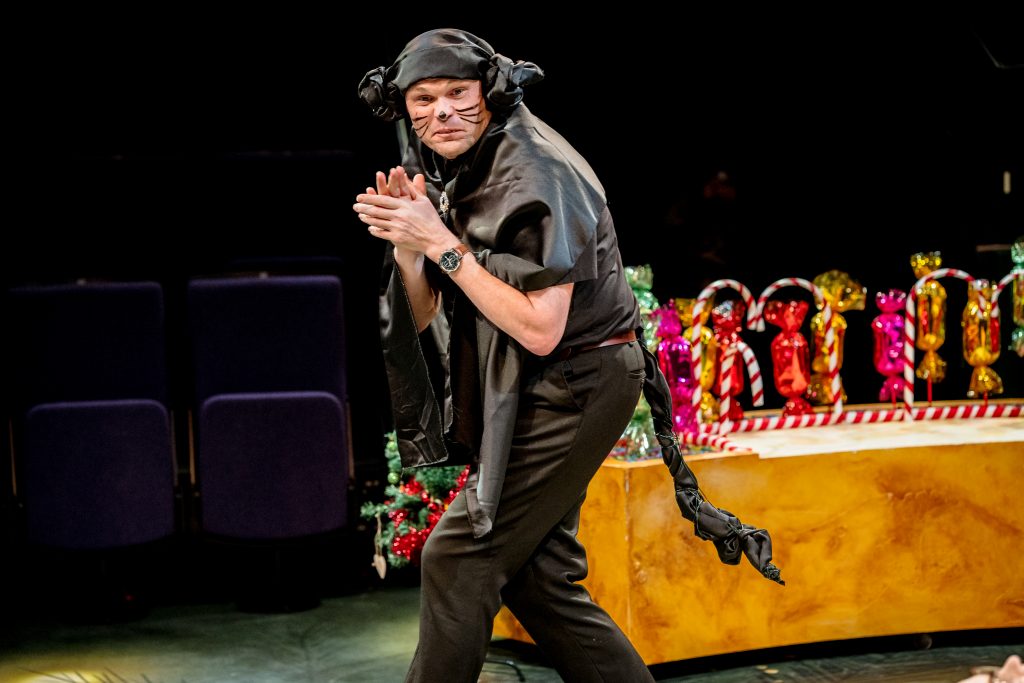Surrounded by sweets, the mouse king rubs his hands together. Picture from the Strathcross version of The Nutcracker 2023. Credit: Andrew Billington
