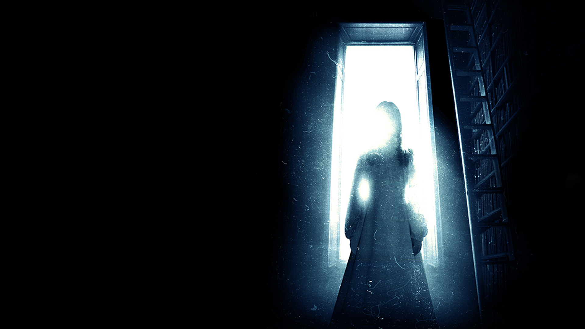 A shadowy figure stands in a doorway in the promotional image for The Haunting play